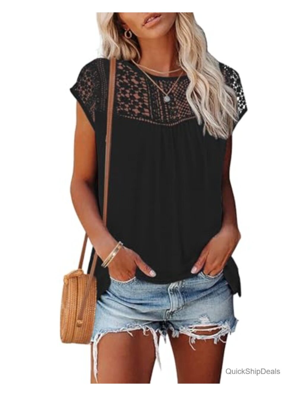 Women's Summer Crewneck Lace Trim Cap Sleeve T Shirt Loose Fit